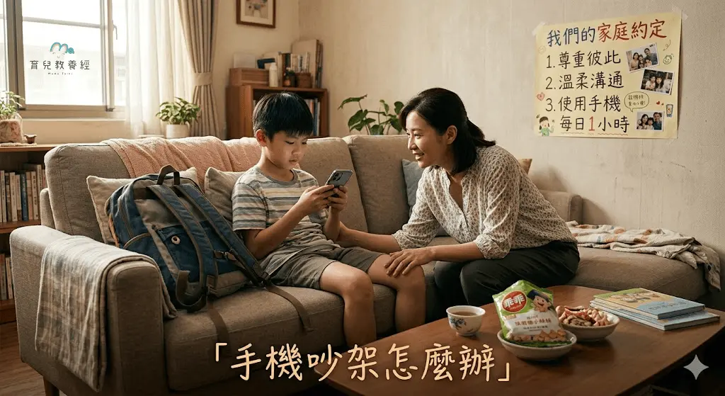 台灣家庭客廳情境,孩子坐在沙發上滑手機,媽媽蹲下來溫柔溝通,桌上有書包與點心,牆上有繁體中文家庭約定小海報,柔和溫暖色調