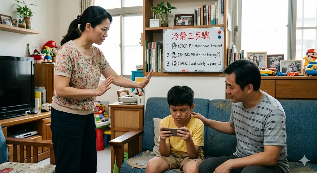 台灣媽媽在客廳伸手示意暫停,孩子抱著手機皺眉,爸爸在旁邊放低姿態陪伴,背景有繁體中文冷靜三步驟小白板