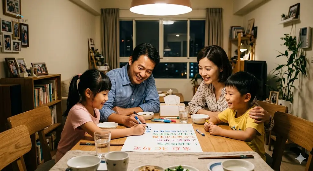 台灣家庭一起坐在餐桌旁寫家庭3C約定,紙上有繁體中文手機停放區、睡前不使用、吃飯不滑手機等字樣,氣氛溫暖