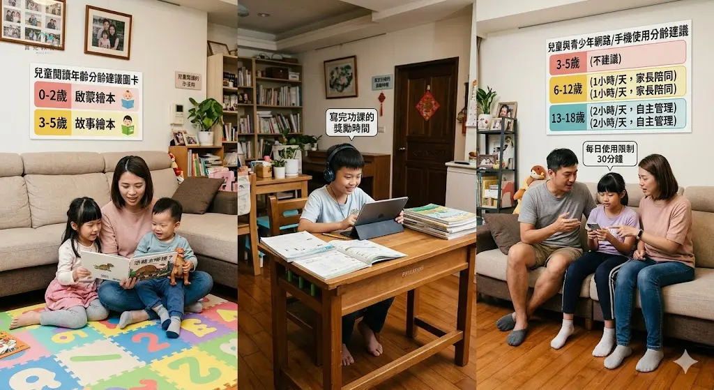 台灣家庭客廳分成三個小情境,幼兒看繪本、小學生寫完功課後用平板、爸媽陪孩子討論手機時間,背景有繁體中文年齡分齡建議圖卡