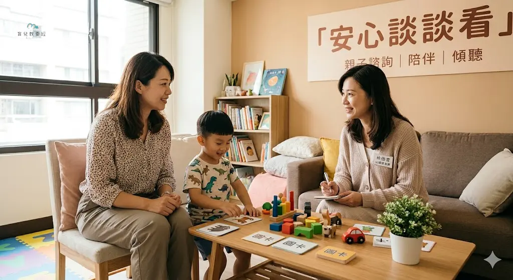 台灣媽媽帶孩子在親子諮詢空間與專業人員談話,桌上有玩具與圖卡,牆上有繁體中文安心談談看字樣,畫面溫和不緊張