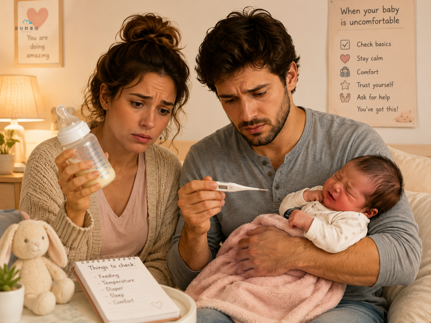 tired newborn with worried parents checking feeding bottle and thermometer, soft