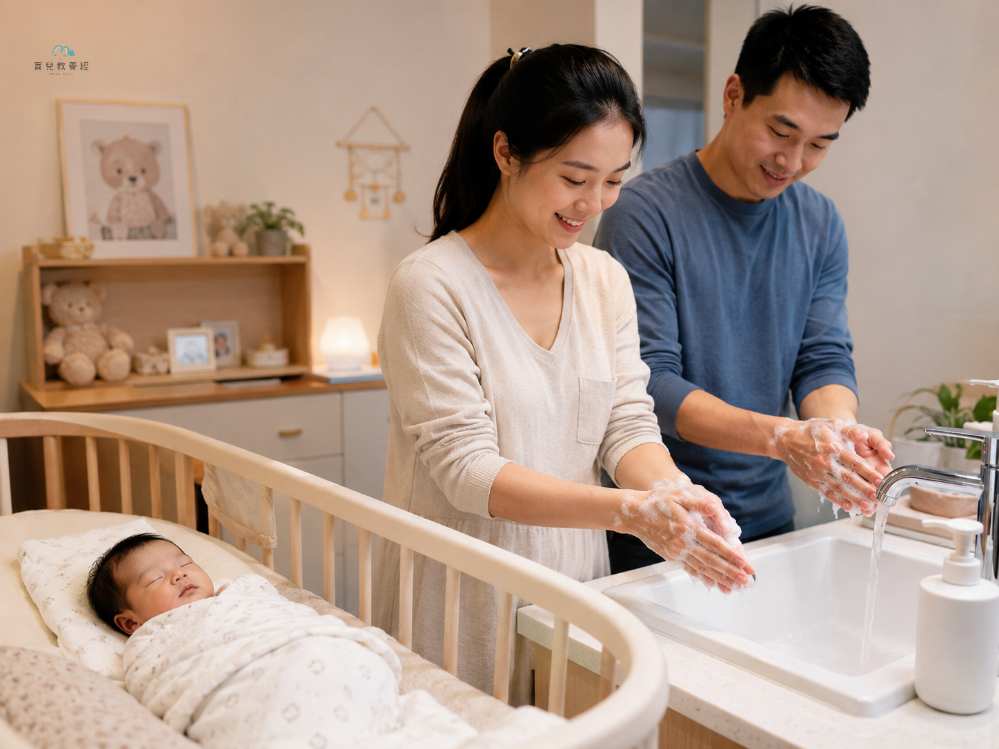 newborn baby in a soft crib with parents washing hands before touching baby, gen