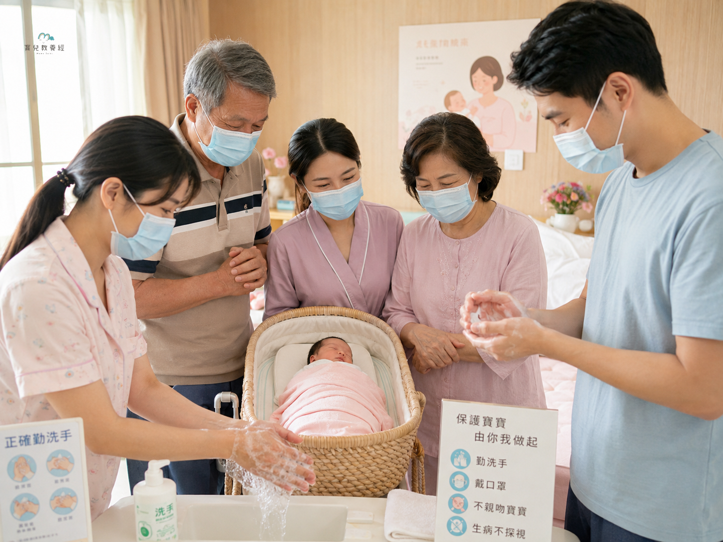 family protection circle around newborn including grandparents wearing masks and