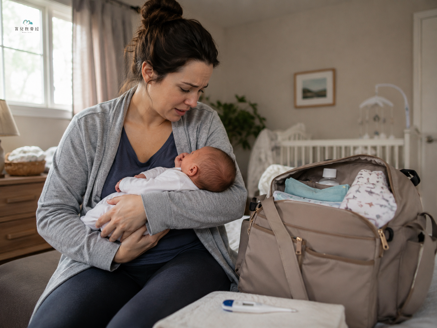 parent holding newborn and preparing to go to hospital, thermometer and diaper b
