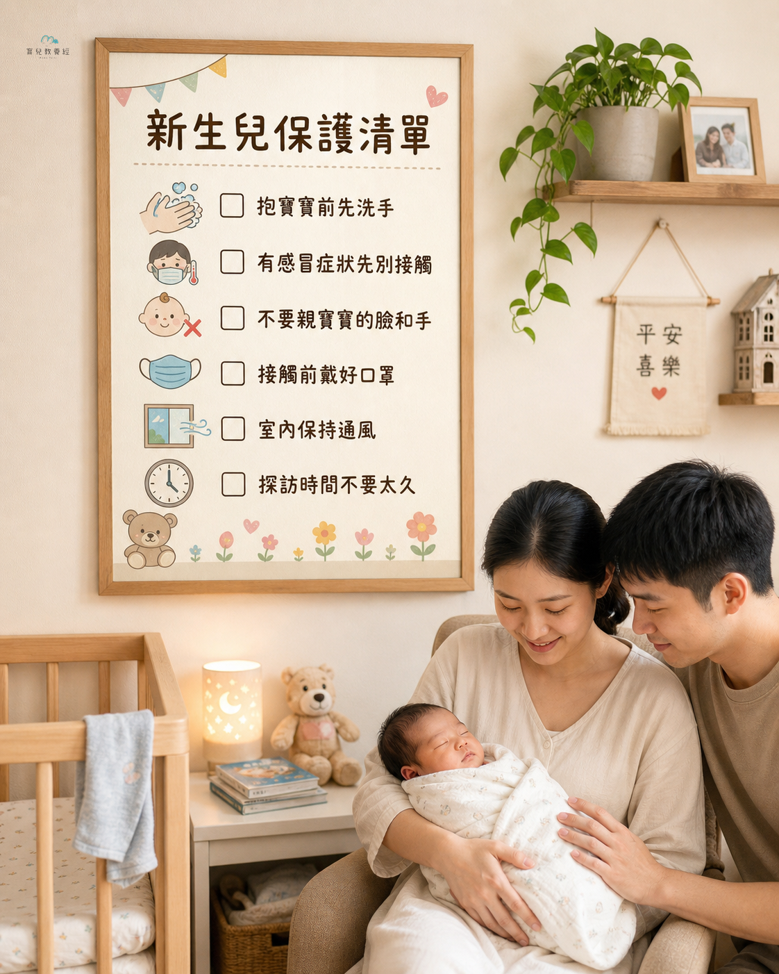 printable newborn protection checklist on a nursery wall, Taiwanese family setti