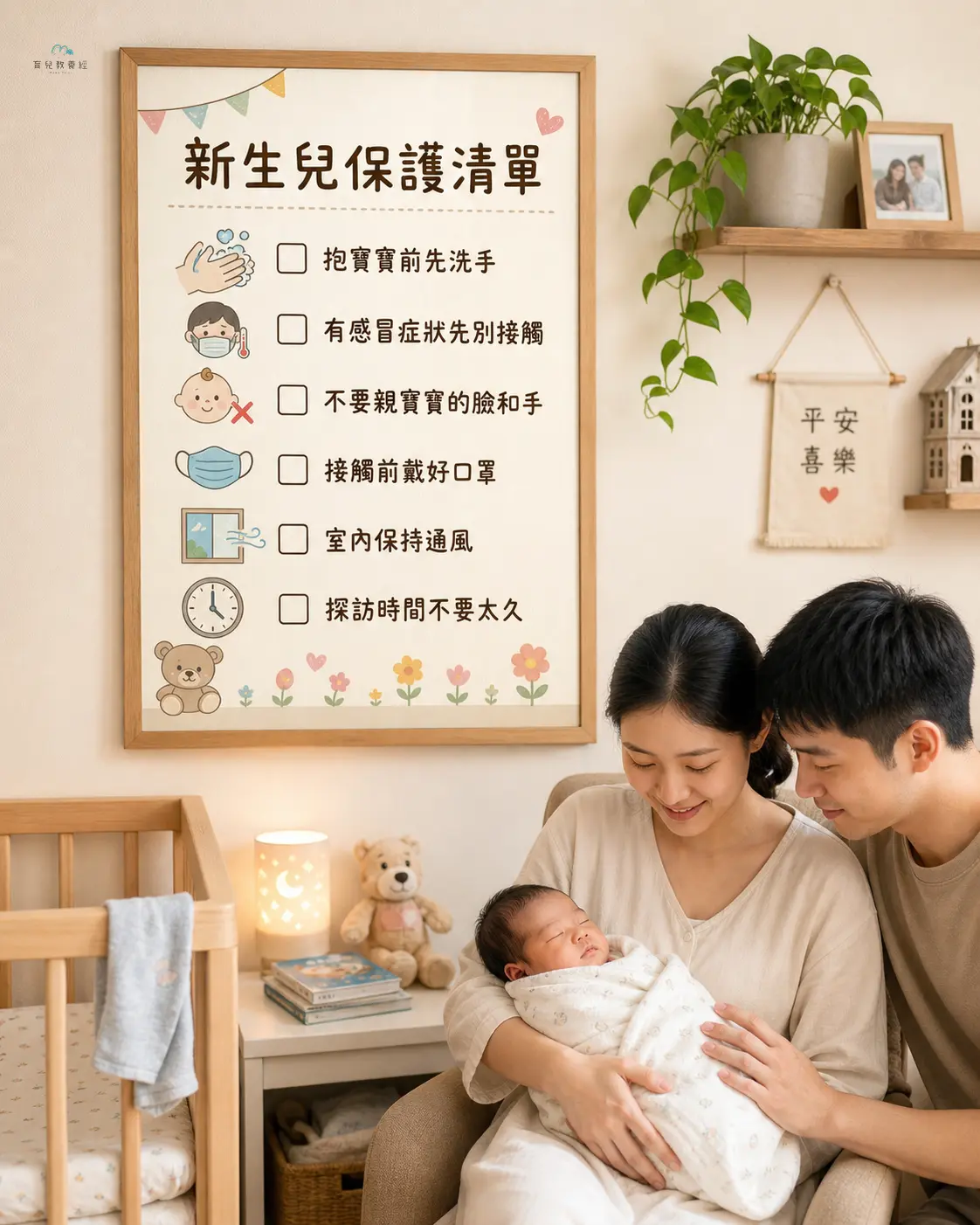 printable newborn protection checklist on a nursery wall, Taiwanese family setti