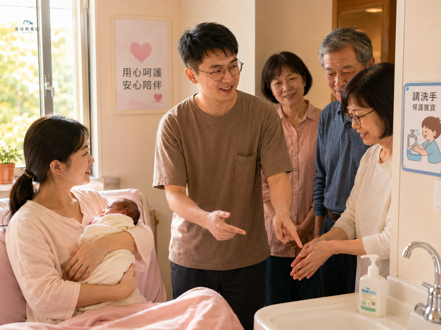 calm Taiwanese mother holding newborn near a sunny window, father gently asking