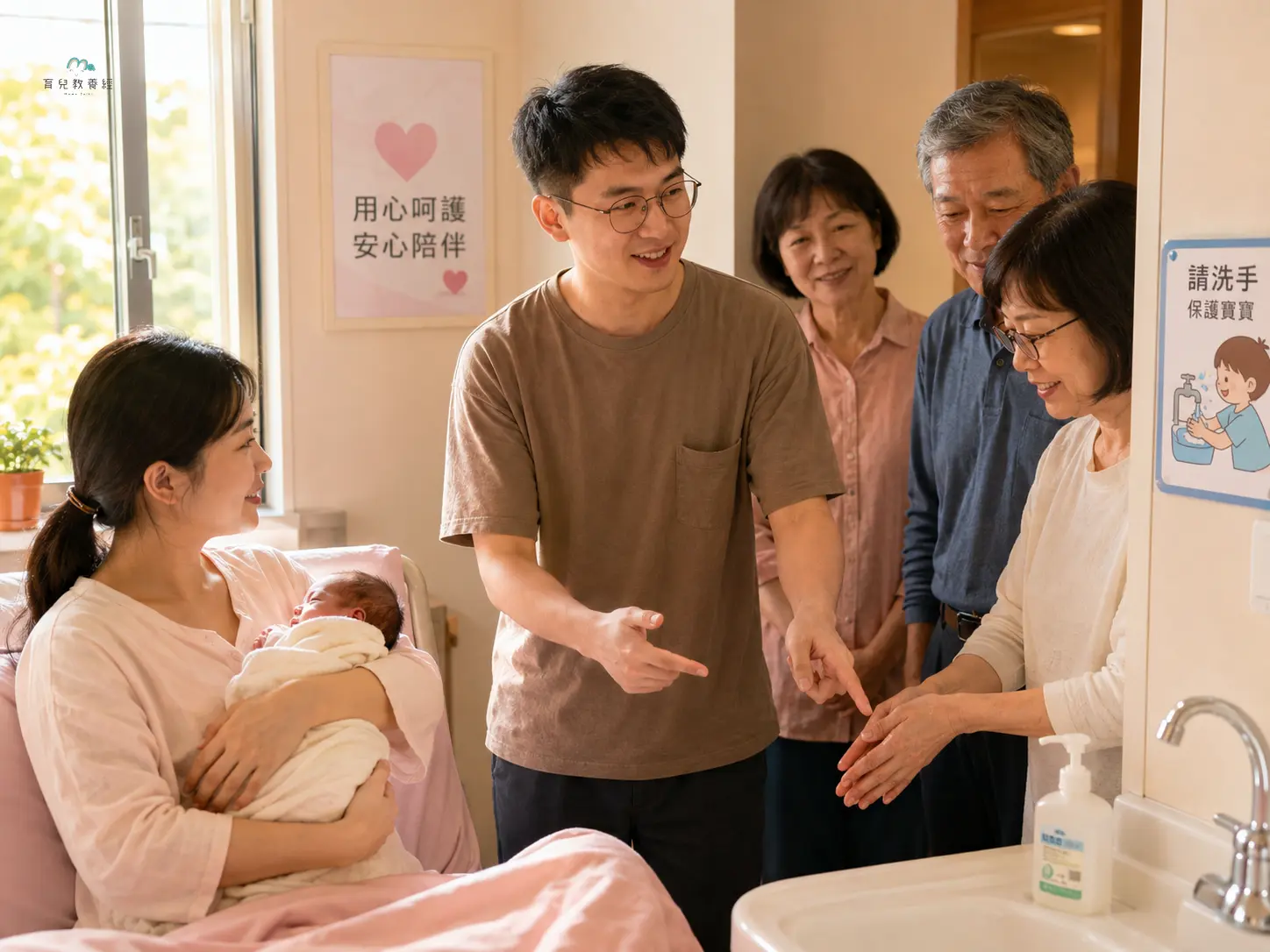 calm Taiwanese mother holding newborn near a sunny window, father gently asking