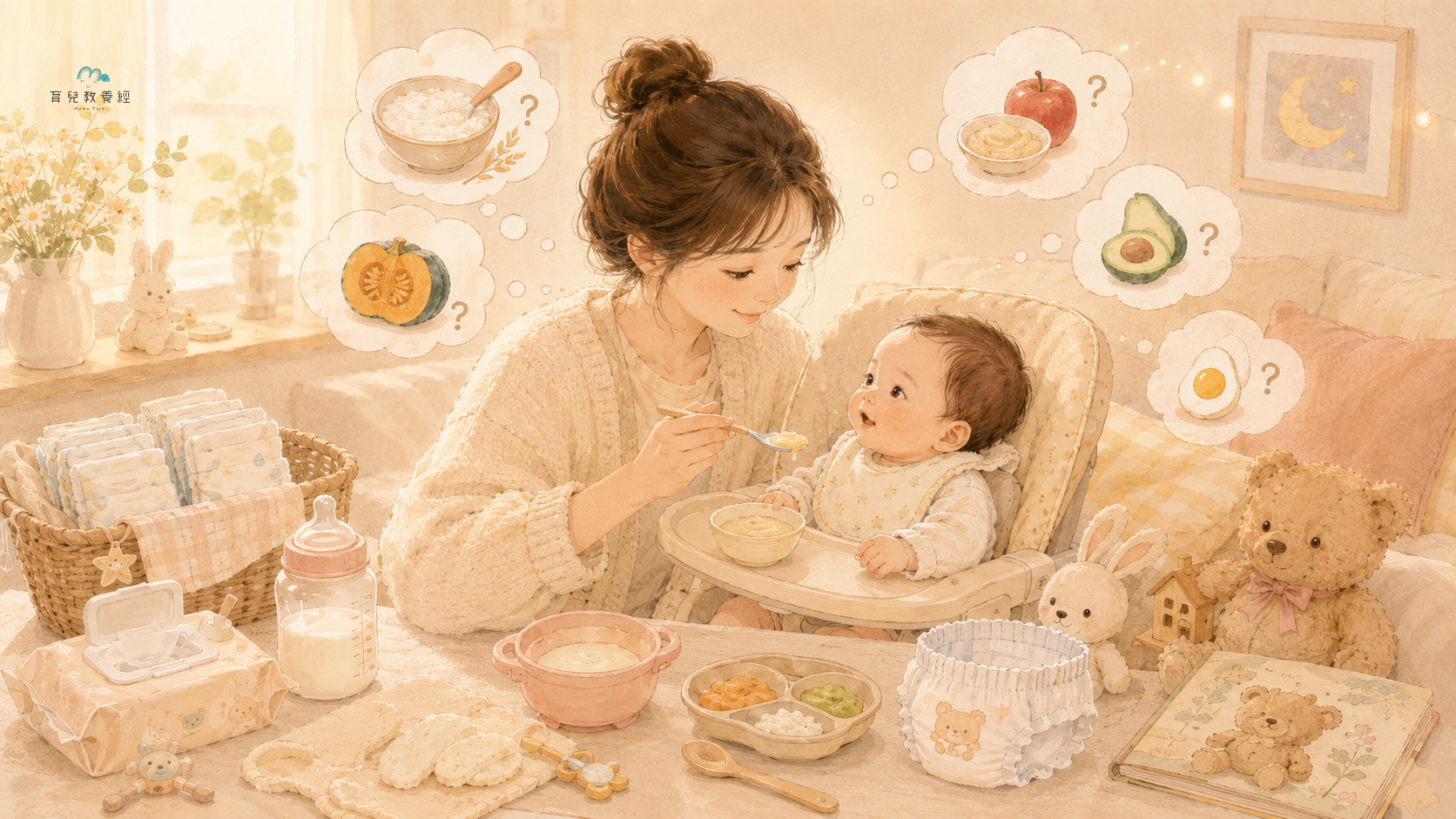圍繞「4~6個月:副食品準備期,媽媽開始焦慮「到底能不能吃」」主題的插圖,溫馨家庭場景,柔和色調