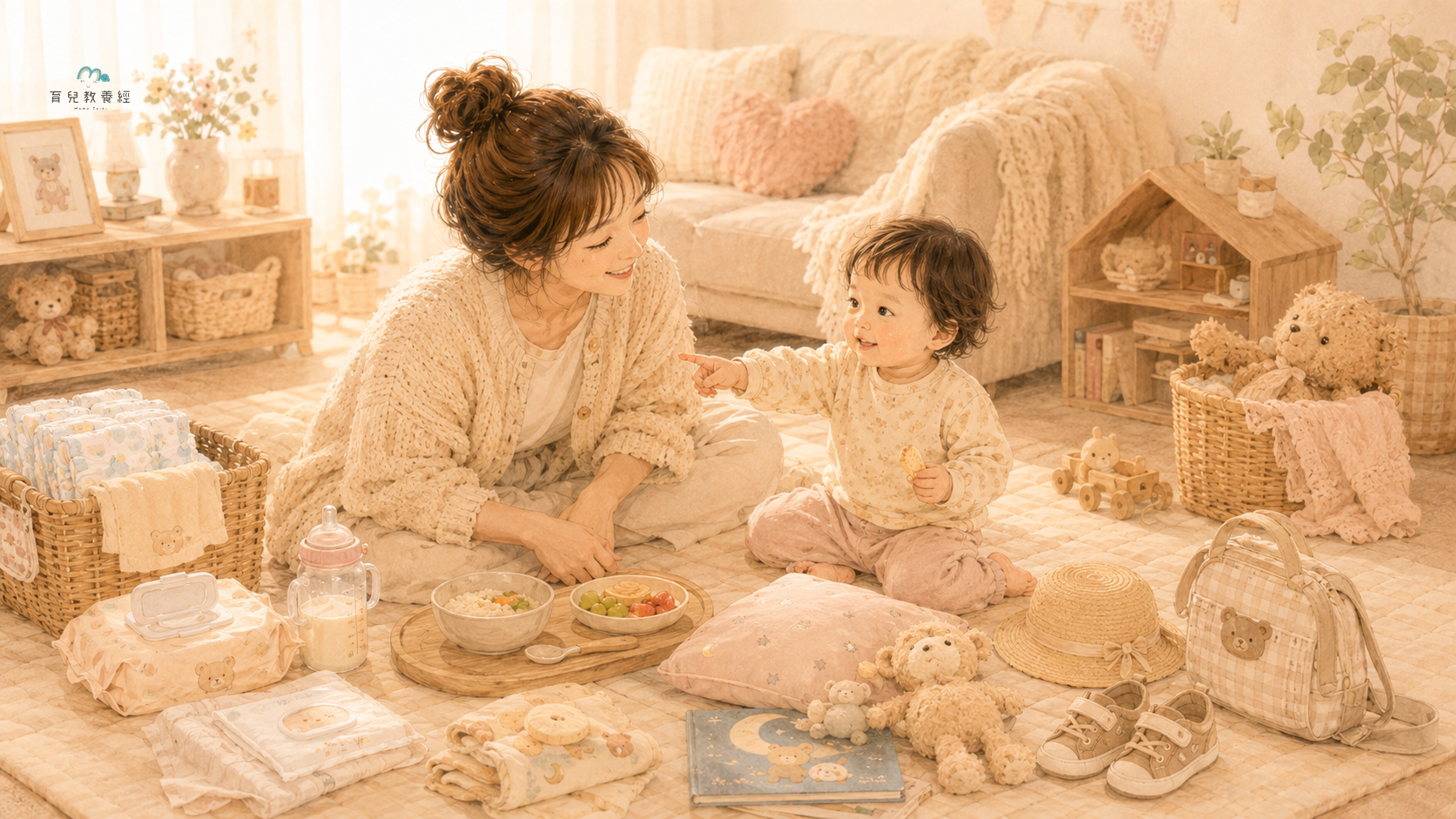 圍繞「1~1.5歲:孩子開始有主見,吃飯、睡覺、外出都變成協商」主題的插圖,溫馨家庭場景,柔和色調