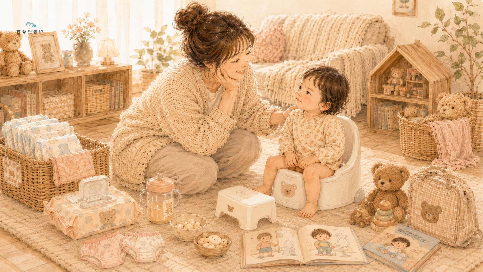 圍繞「2~2.5歲:戒尿布可以準備,但不要把孩子逼到害怕上廁所」主題的插圖,溫馨家庭場景,柔和色調