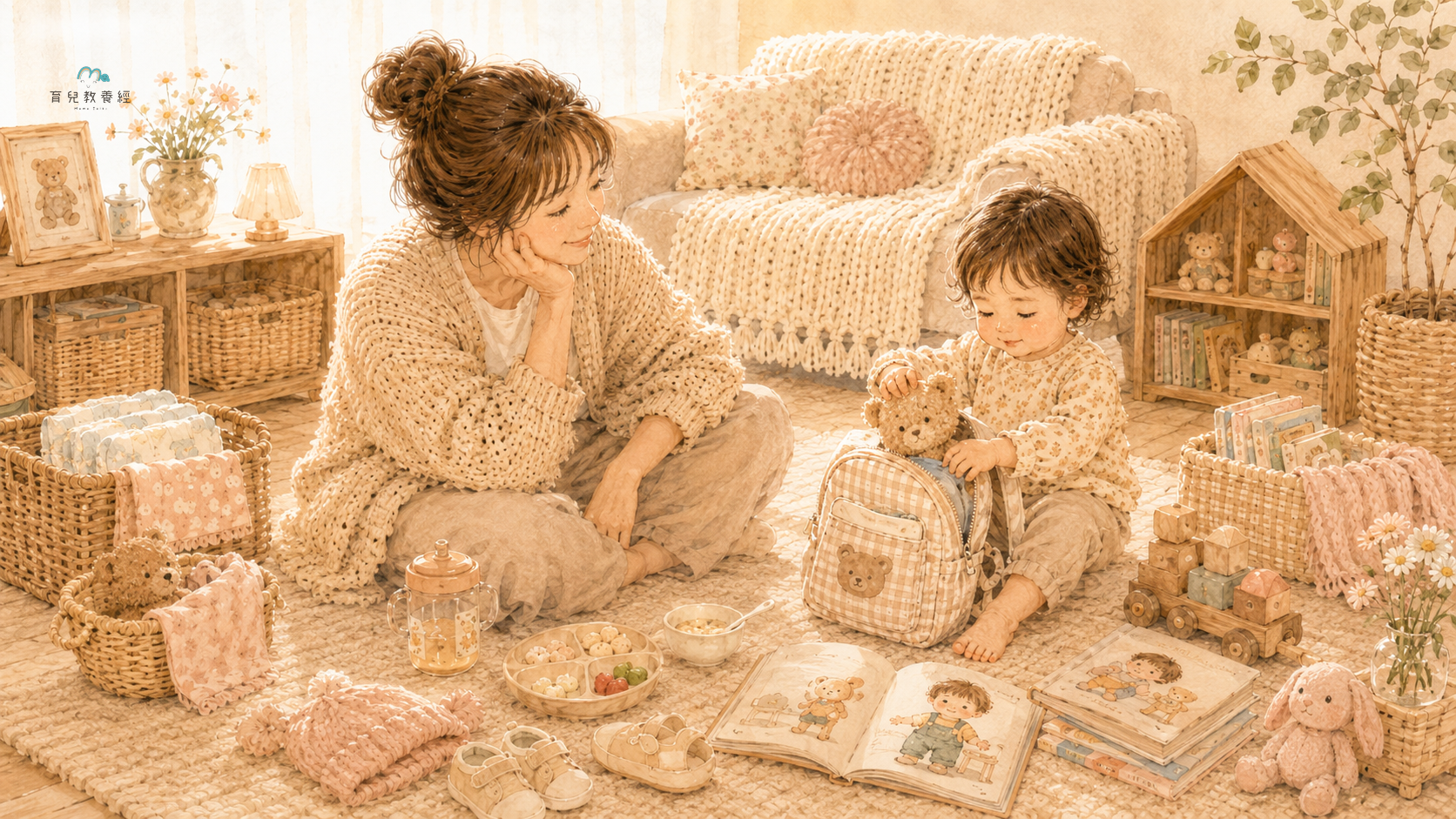 圍繞「2.5~3歲:孩子越來越像小大人,爸媽要練習放手一點」主題的插圖,溫馨家庭場景,柔和色調