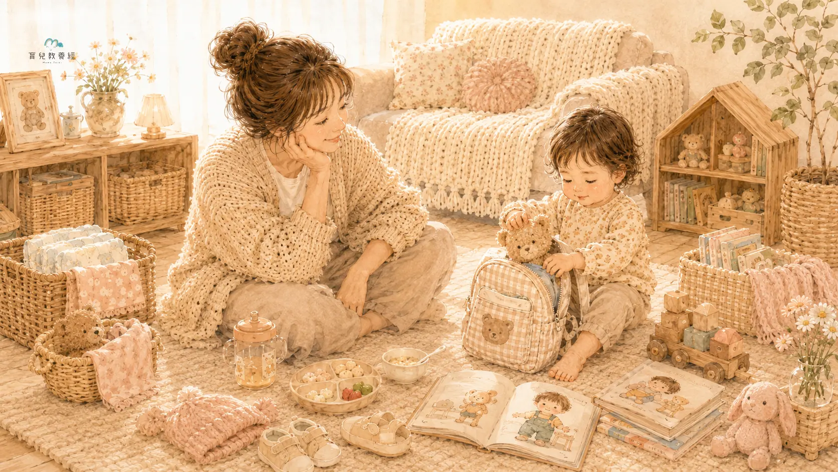 圍繞「2.5~3歲:孩子越來越像小大人,爸媽要練習放手一點」主題的插圖,溫馨家庭場景,柔和色調