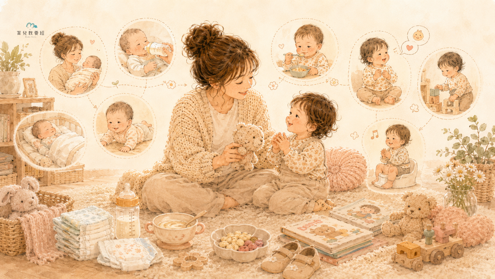 圍繞「0~3歲每月育兒卡關快速整理」主題的插圖,溫馨家庭場景,柔和色調