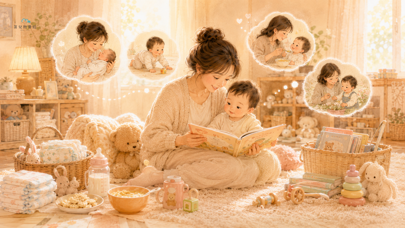 圍繞「媽媽心得:0~3歲不是一直破關,而是陪孩子慢慢長大」主題的插圖,溫馨家庭場景,柔和色調