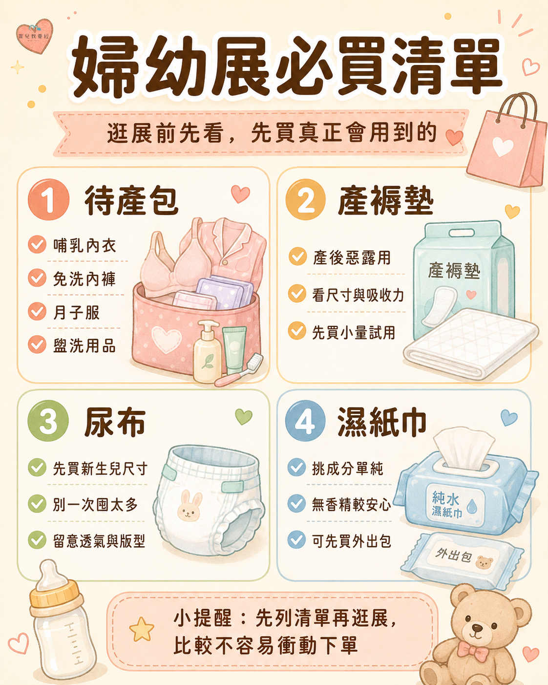 婦幼展必買清單圖卡,包含待產包、產褥墊、尿布、濕紙巾
