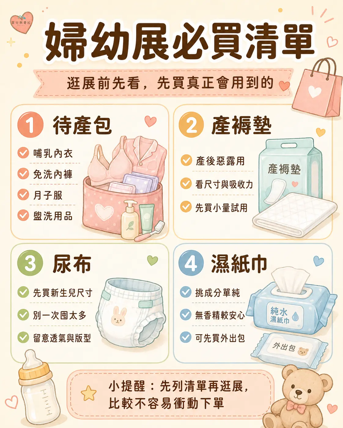 婦幼展必買清單圖卡,包含待產包、產褥墊、尿布、濕紙巾