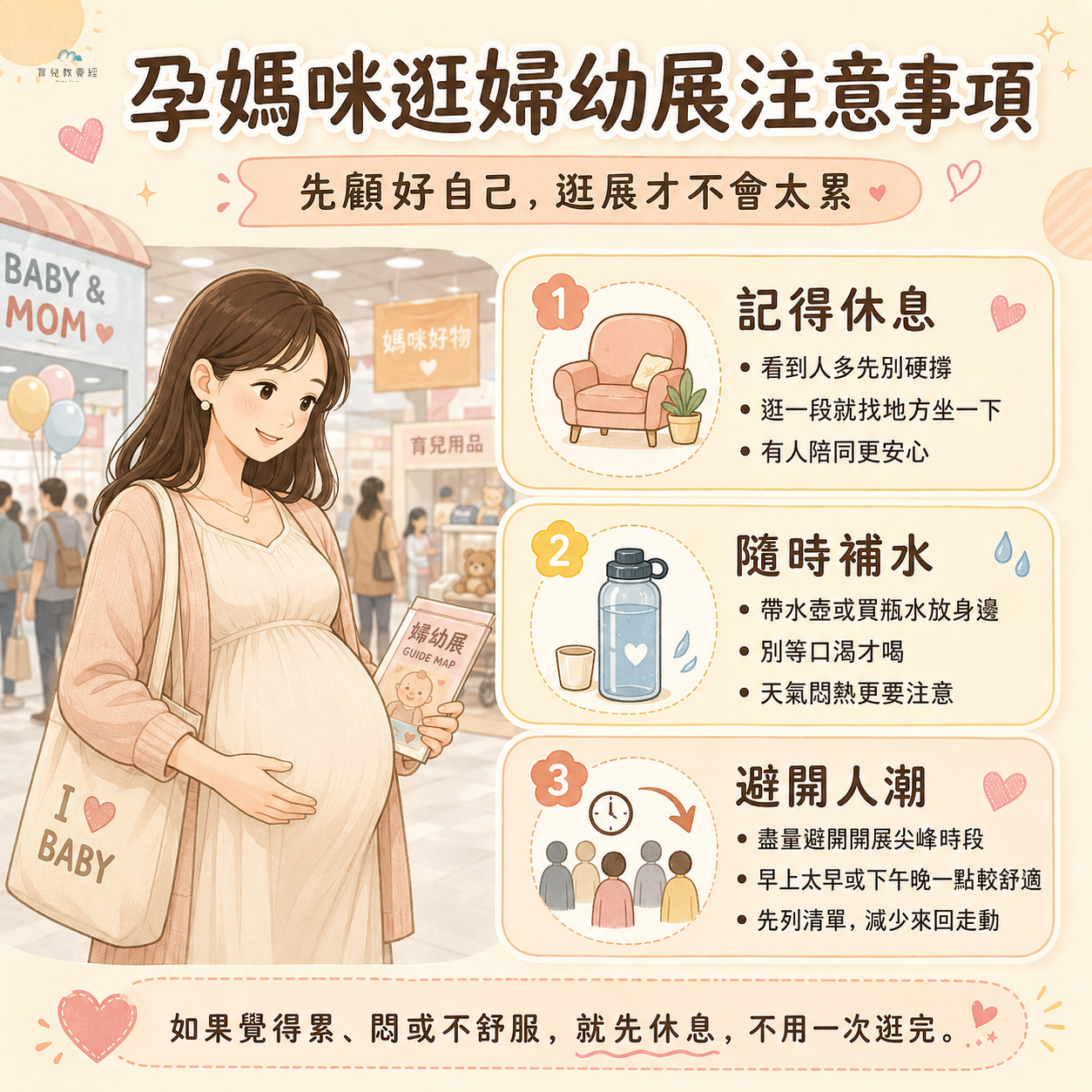 孕媽咪逛婦幼展注意事項圖卡,包含休息、補水、避開人潮