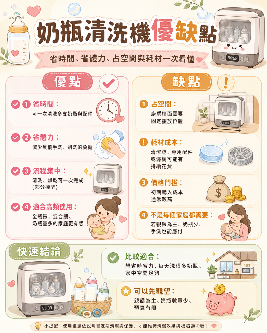 奶瓶清洗機優缺點圖卡,包含省時間、省體力、占空間與耗材