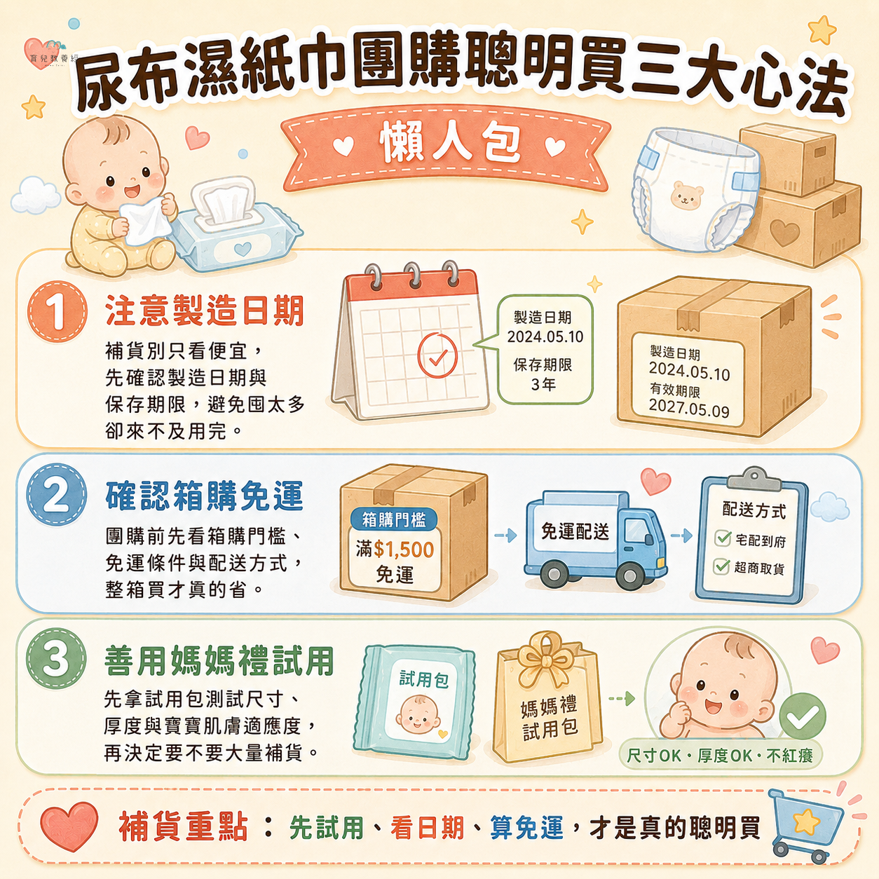 尿布濕紙巾團購聰明買三大心法圖卡,包含:注意製造日期、確認箱購免運、善用媽媽禮試用