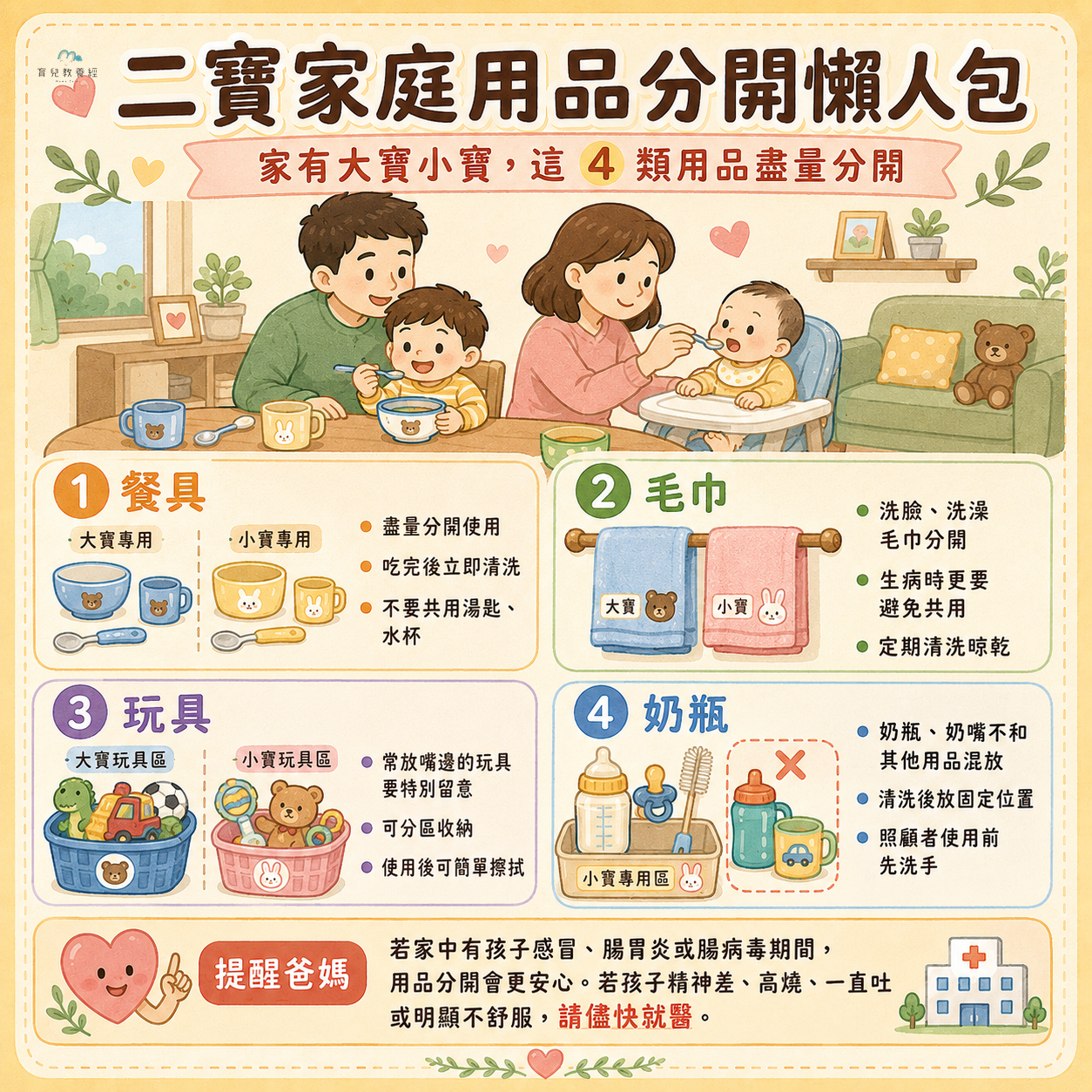 二寶家庭用品分開懶人包圖卡,包含:餐具、毛巾、玩具、奶瓶