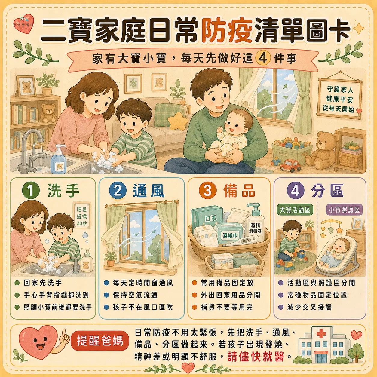 二寶家庭日常防疫清單圖卡,包含:洗手、通風、備品、分區