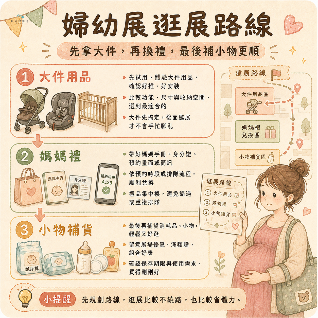 婦幼展逛展路線圖卡,包含大件用品、媽媽禮、小物補貨