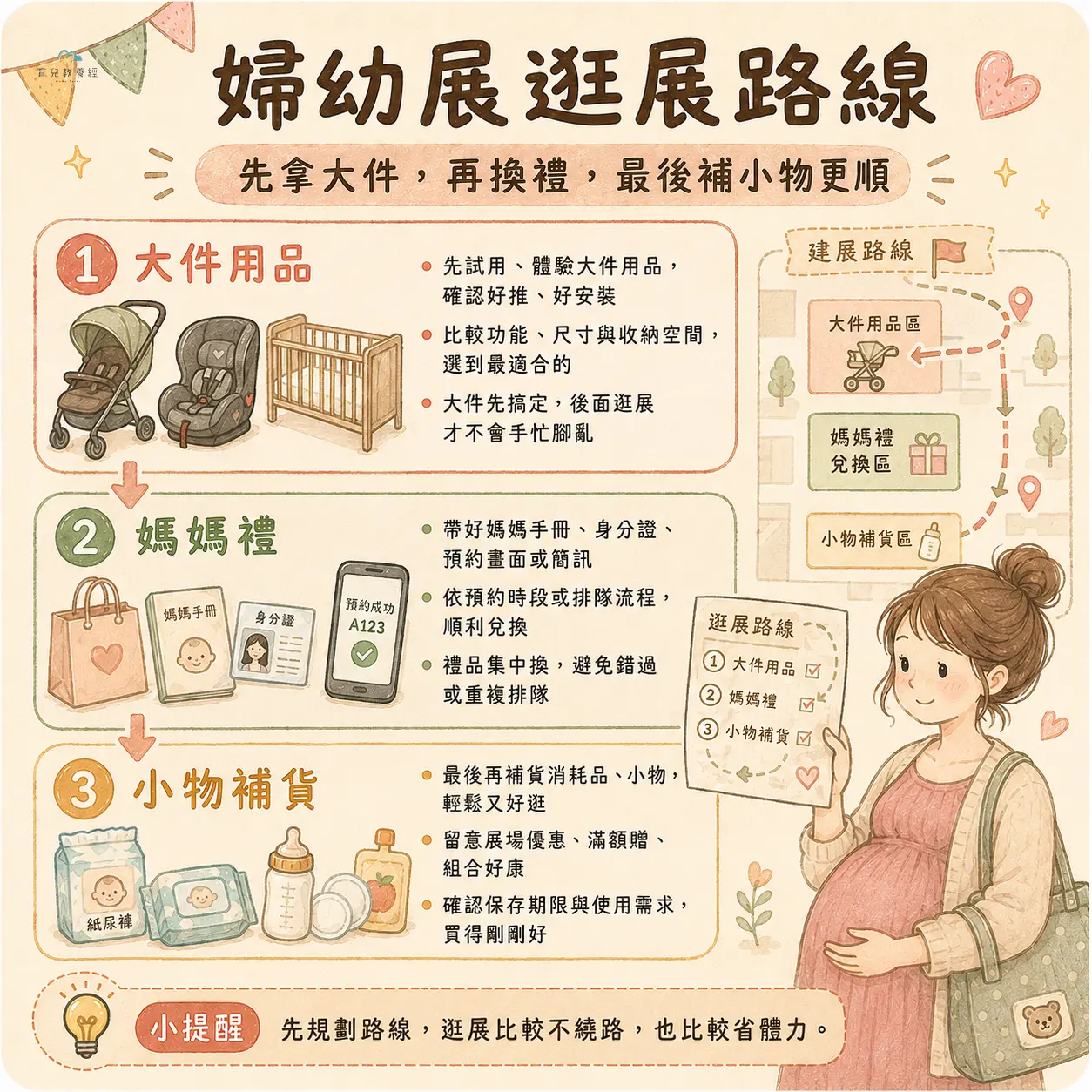 婦幼展逛展路線圖卡,包含大件用品、媽媽禮、小物補貨