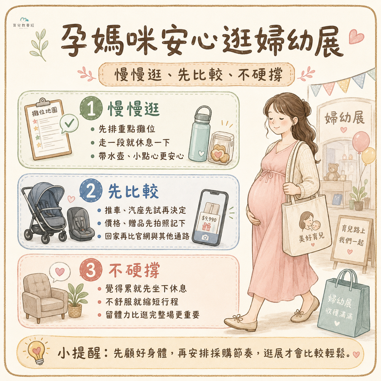 孕媽咪安心逛婦幼展圖卡,包含慢慢逛、先比較、不硬撐