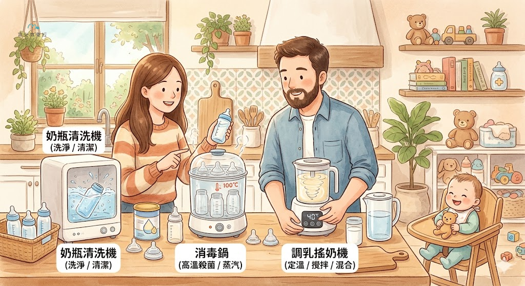 圍繞「奶瓶清洗機、消毒鍋、調乳搖奶機差在哪?」主題的插圖,溫馨家庭場景,柔和色調