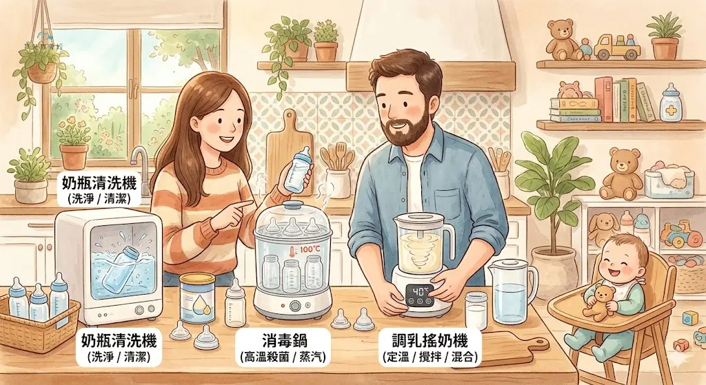 圍繞「奶瓶清洗機、消毒鍋、調乳搖奶機差在哪？」主題的插圖，溫馨家庭場景，柔和色調