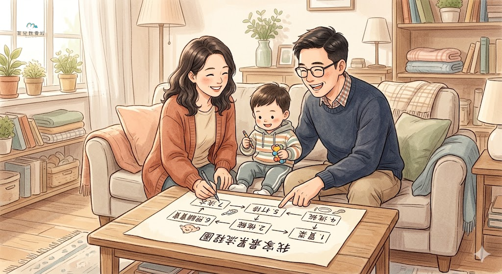 圍繞「先判斷你家最累的是哪一段流程」主題的插圖,溫馨家庭場景,柔和色調