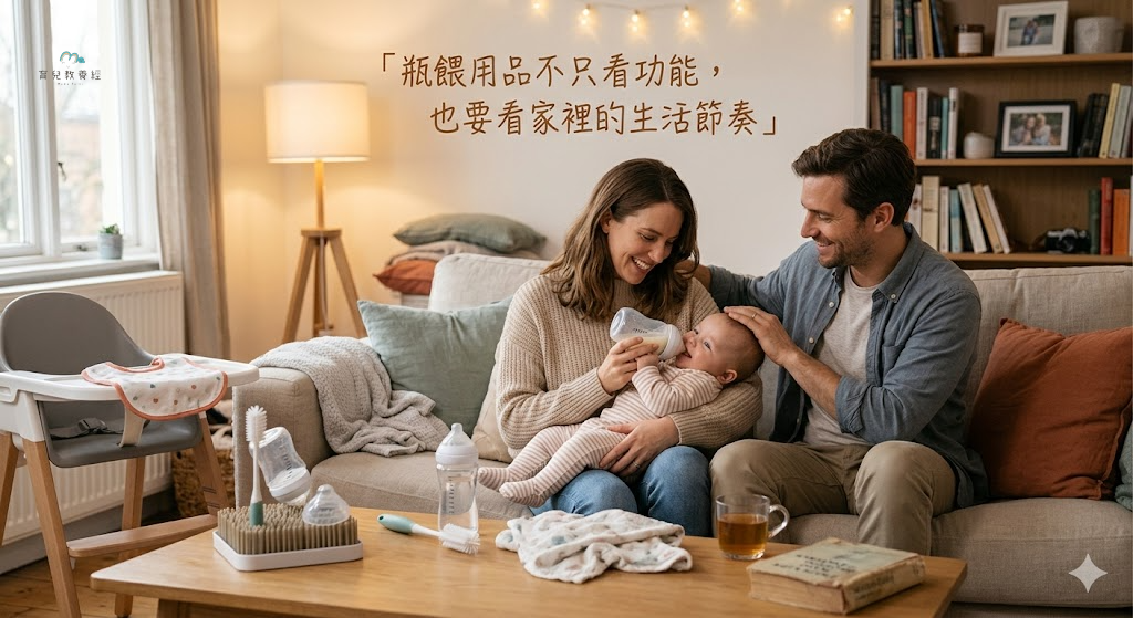 圍繞「瓶餵用品不要只看功能,也要看家裡的生活節奏」主題的插圖,溫馨家庭場景,柔和色調