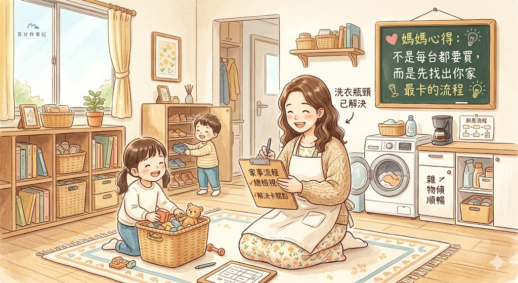 圍繞「媽媽心得:不是每台都要買,而是先找出你家最卡的流程」主題的插圖,溫馨家庭場景,柔和色調