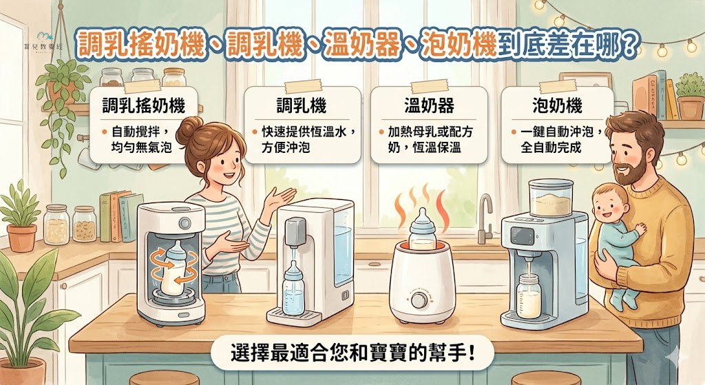 圍繞「調乳搖奶機、調乳機、溫奶器、泡奶機到底差在哪？」主題的插圖，溫馨家庭場景，柔和色調