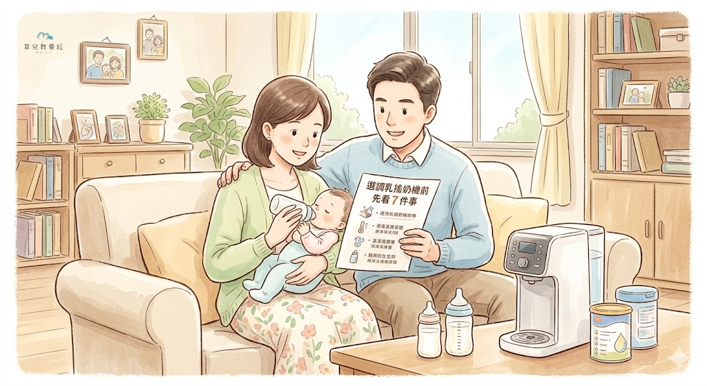 圍繞「選調乳搖奶機前先看 7 件事」主題的插圖,溫馨家庭場景,柔和色調