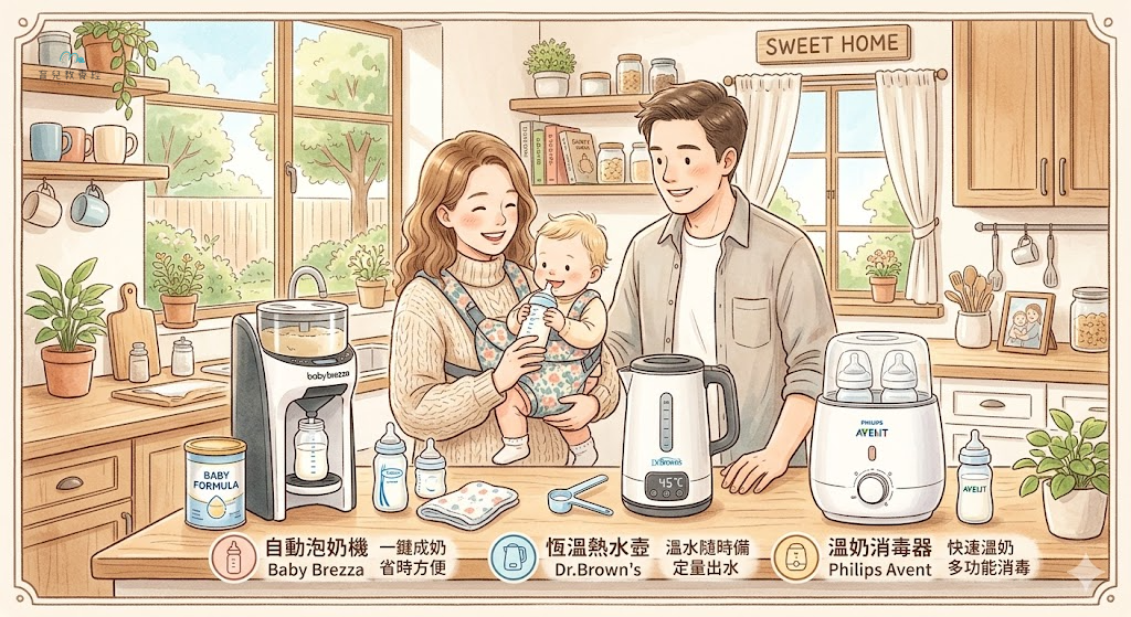 圍繞「市售泡奶省力家電常見品牌/類型比較」主題的插圖,溫馨家庭場景,柔和色調