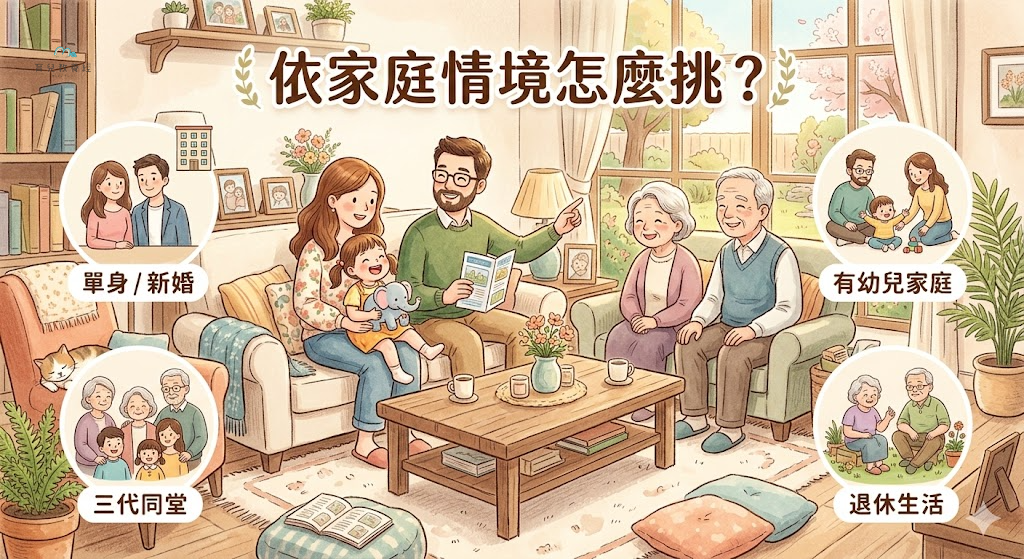 圍繞「依家庭情境怎麼挑?」主題的插圖,溫馨家庭場景,柔和色調