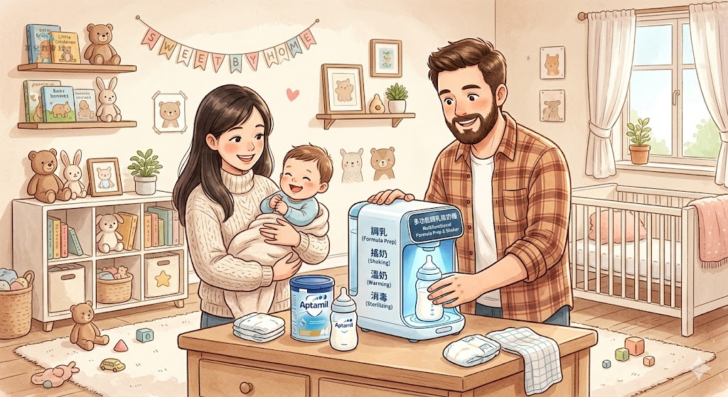 圍繞「哪些爸媽適合買多功能調乳搖奶機?」主題的插圖,溫馨家庭場景,柔和色調