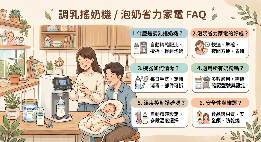 圍繞「調乳搖奶機/泡奶省力家電 FAQ」主題的插圖,溫馨家庭場景,柔和色調