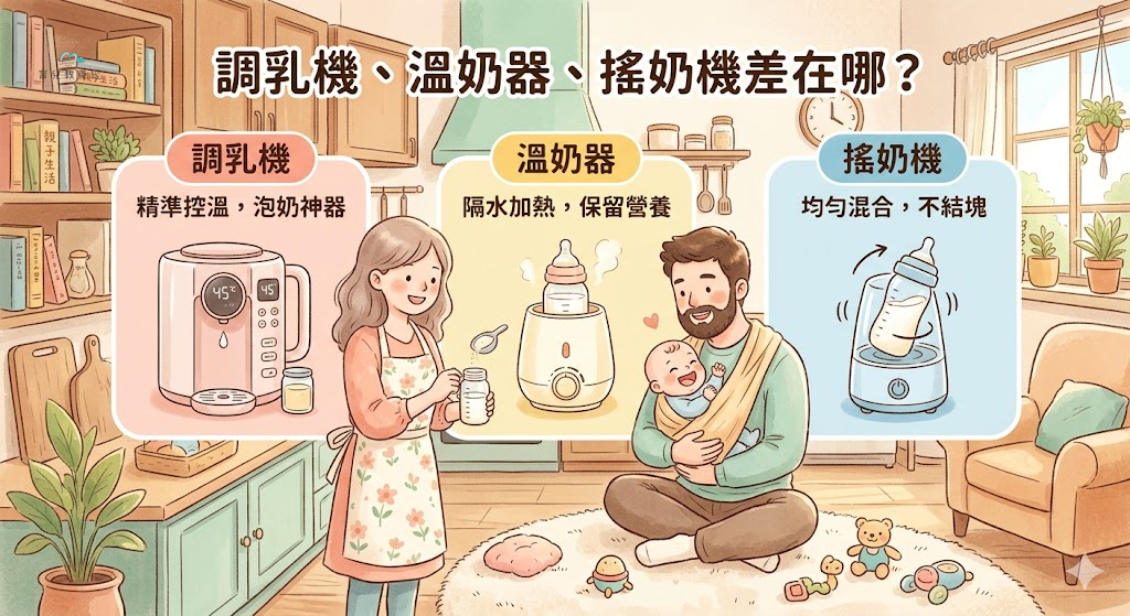 圍繞「調乳機、溫奶器、搖奶機差在哪?」主題的插圖,溫馨家庭場景,柔和色調
