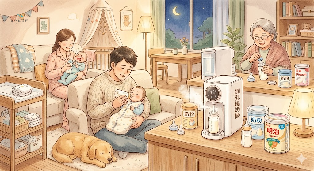 圍繞「哪些家庭買調乳搖奶機會比較有感?」主題的插圖,溫馨家庭場景,柔和色調
