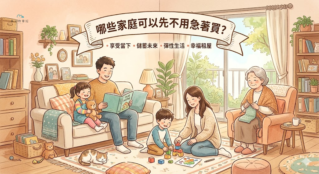 圍繞「哪些家庭可以先不用急著買?」主題的插圖,溫馨家庭場景,柔和色調