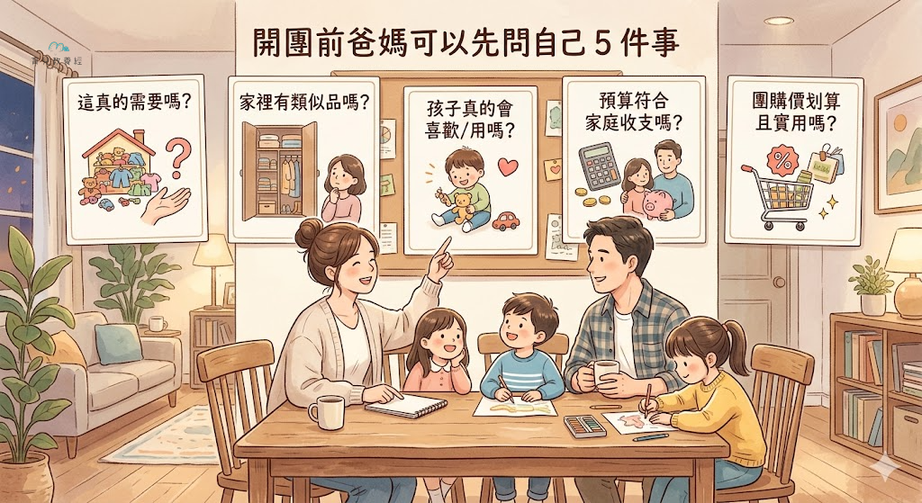 圍繞「開團前爸媽可以先問自己 5 件事」主題的插圖,溫馨家庭場景,柔和色調