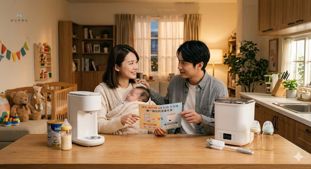 圍繞「調乳搖奶機和奶瓶清洗機,哪一個比較需要先買?」主題的插圖,溫馨家庭場景,柔和色調