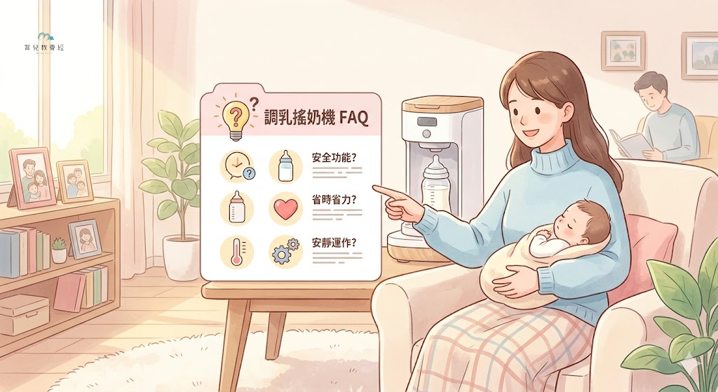 圍繞「調乳搖奶機 FAQ」主題的插圖,溫馨家庭場景,柔和色調