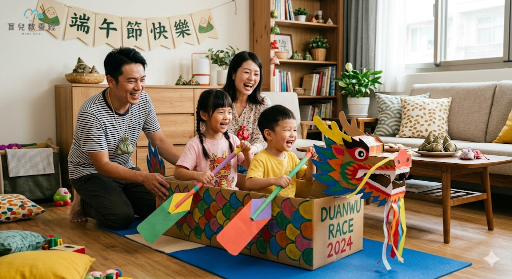 客廳裡親子玩端午節遊戲