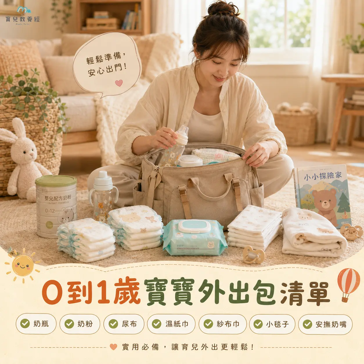 0到1歲寶寶外出包清單,媽媽整理奶瓶、奶粉、尿布、濕紙巾、紗布巾、小毯子和安撫奶嘴