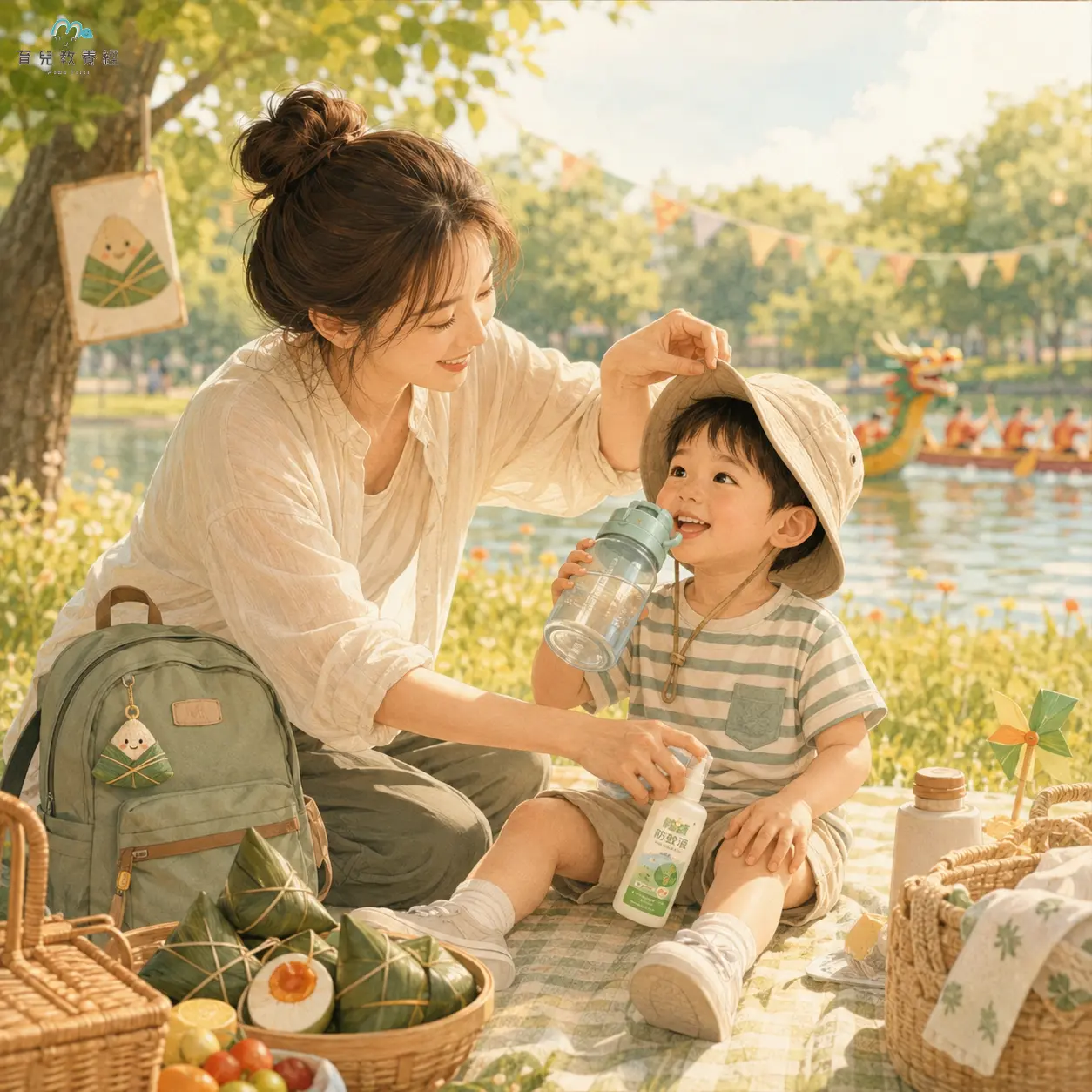 夏天端午親子出門,媽媽幫孩子戴防曬帽、補水、擦防蚊用品,背景是戶外公園和陽光